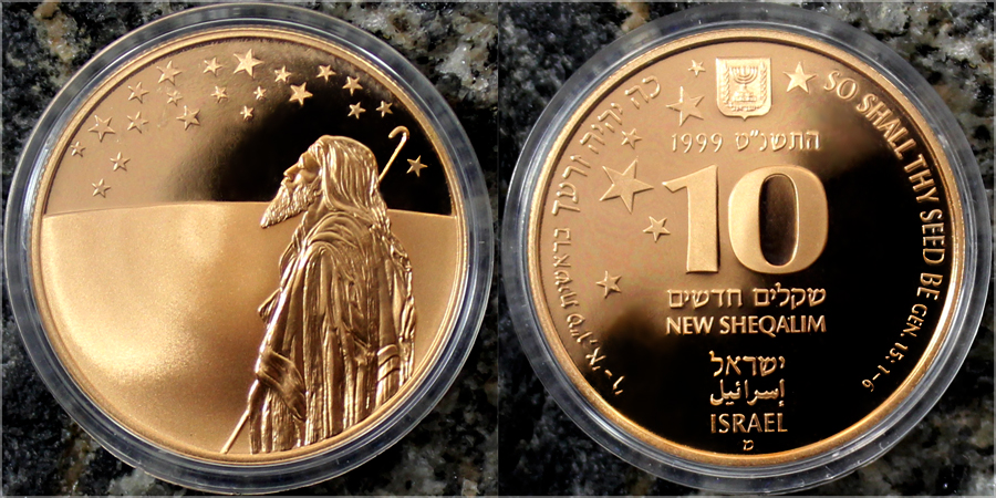 Zlatá minca Abrahám a hviezdy nad svätou zemou 10 NIS Izrael Biblické umenie 1999 Proof