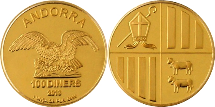Zadní strana Zlatá investiční mince Andorra Eagle 1 Oz