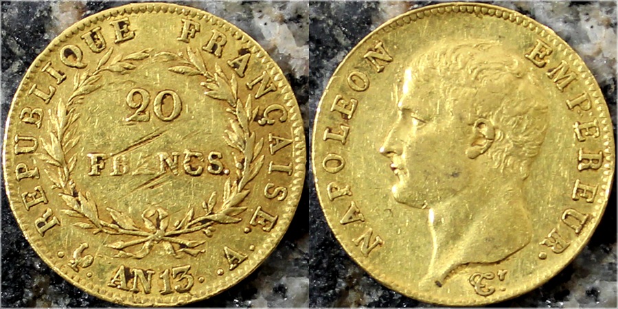 Zadní strana Zlatá mince 20 Frank Napoleon Bonaparte 1804