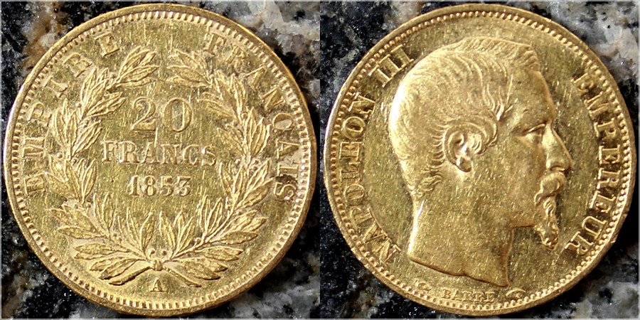 Zlatá mince 20 Frank Napoleon III. 1853 A