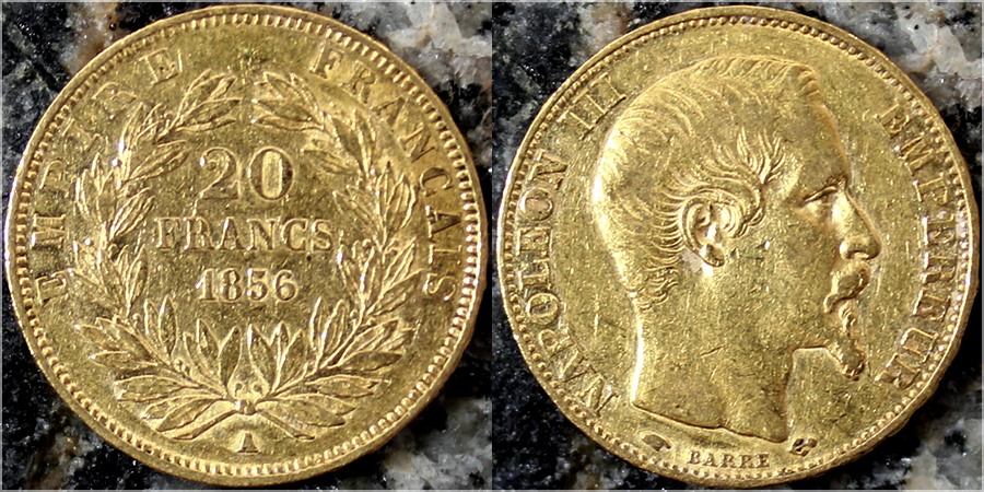 Zlatá mince 20 Frank Napoleon III. 1856 A
