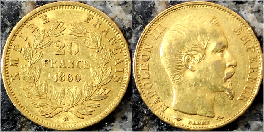 Zlatá mince 20 Frank Napoleon III. 1860 A