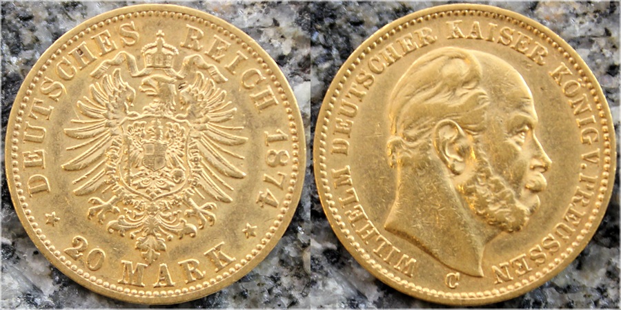 Zlatá mince 20 Marka Vilém I. Pruský 1874
