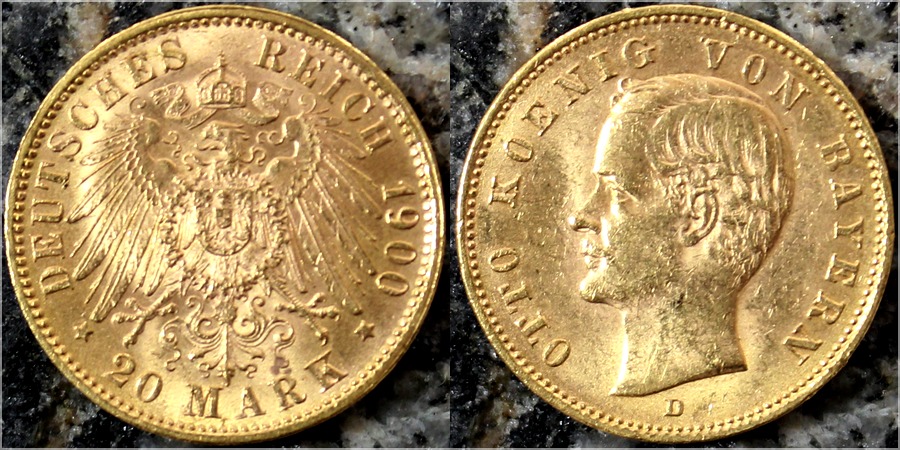 Zlatá mince 20 Marka Ota I. Bavorský 1900