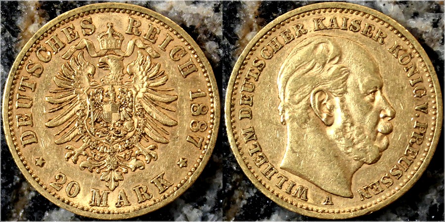 Zlatá mince 20 Marka Vilém I. Pruský 1887