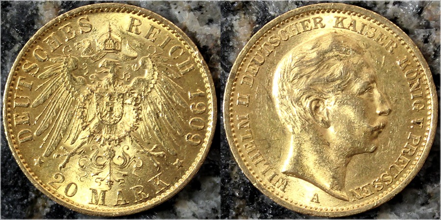 Zlatá mince 20 Marka Vilém II. Pruský 1909