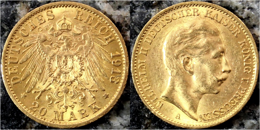 Zlatá mince 20 Marka Vilém II. Pruský 1913