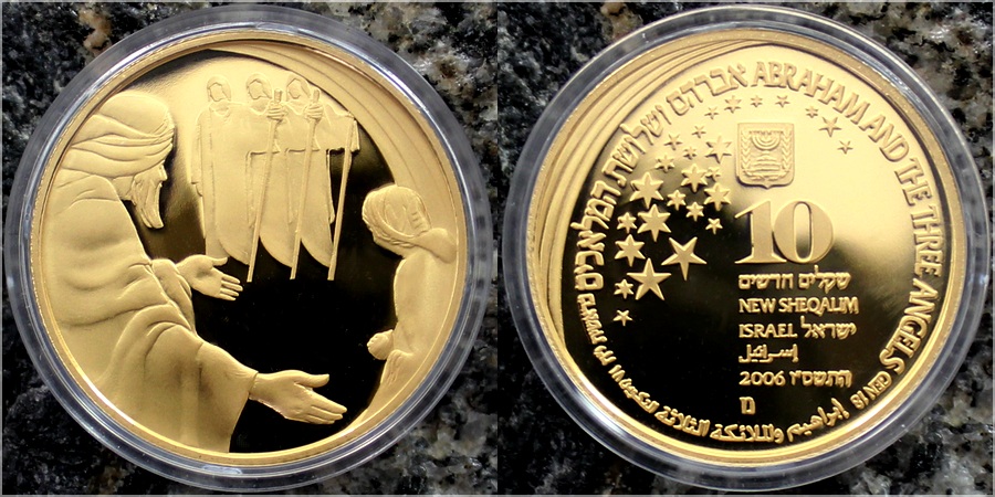 Zlatá minca Abrahám a Traja anjeli 10 NIS Izrael Bibilické umenie  2006 Proof