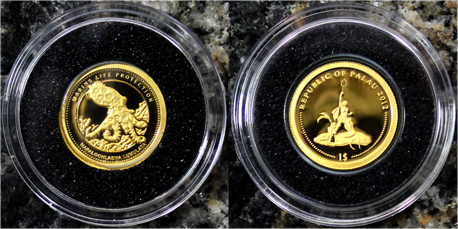 Zlatá minca Chobotnica škvrnitá Marine Life Protection Miniatúra 2012 Proof