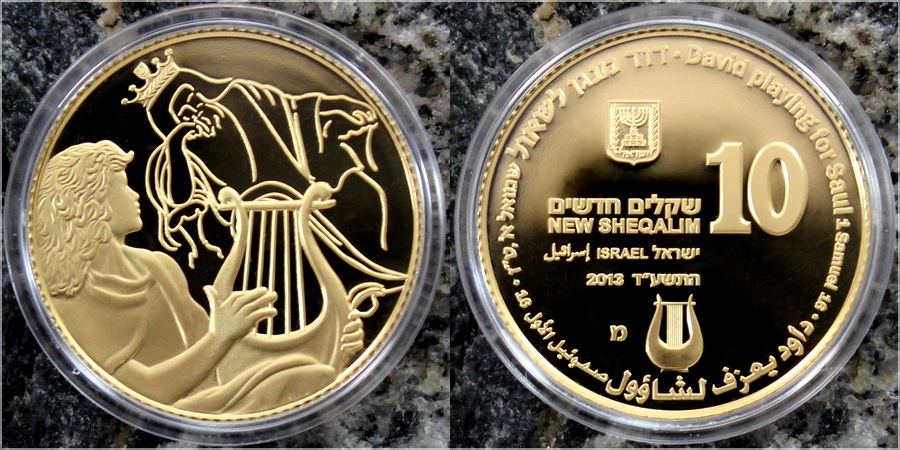 Zlatá mince David hraje Saulovi 10 NIS Izrael Biblické umění 2013 Proof