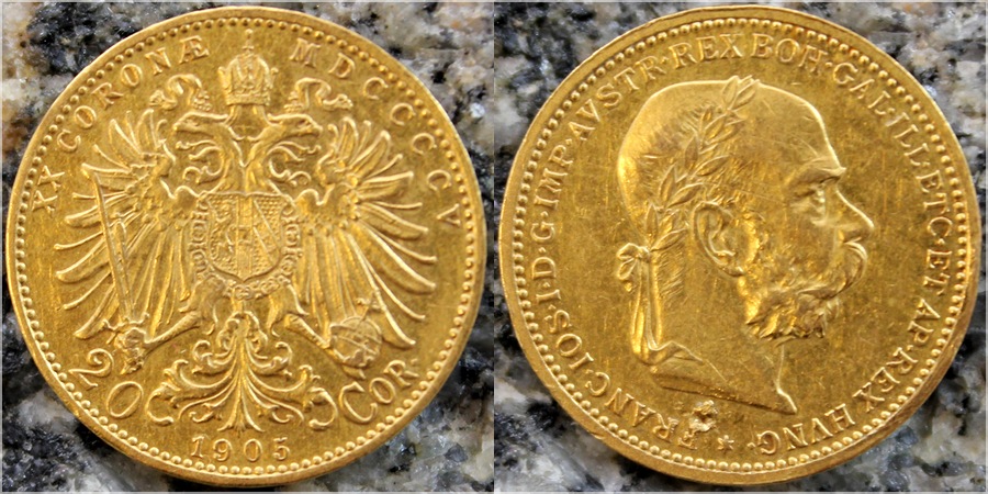 Zlatá mince Dvacetikoruna Františka Josefa I. Rakouská ražba 1905