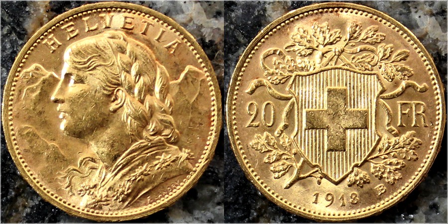 Zlatá mince 20 Frank Helvetia - Vreneli 1913