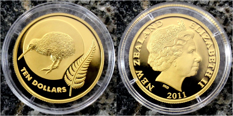 Zadní strana Zlatá minca Ikony Nového Zélandu 1/4 Oz Kiwi 2011 Proof
