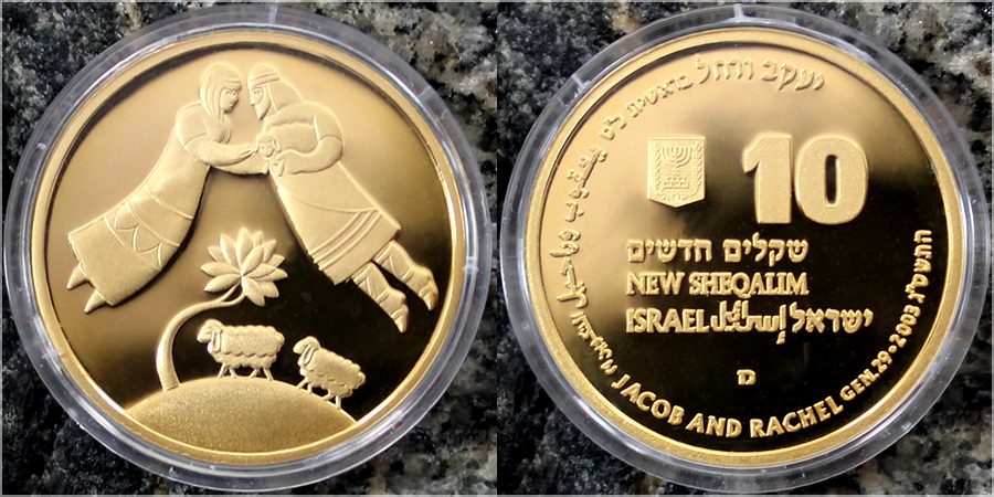 Zlatá minca Jákob a Ráchel 10 NIS Izrael Biblické umenie 2003 Proof