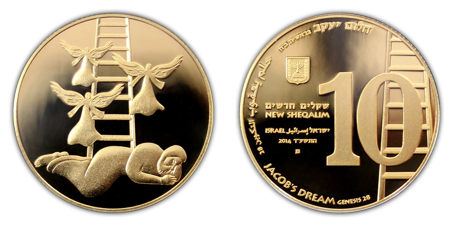Zlatá mince Jákobův sen 10 NIS Izrael Biblické umění 2014 Proof