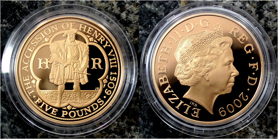 Zadní strana Zlatá minca Jindřich VIII. Tudor Nástup na trôn 500. výročie 2009 Proof