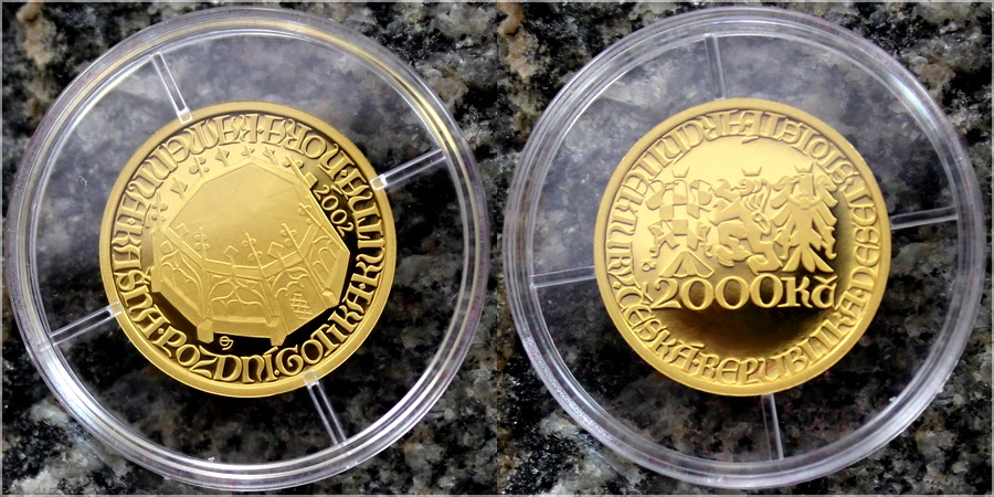 Zlatá mince 2000 Kč Kašna Kutná Hora Pozdní Gotika 2002 Proof