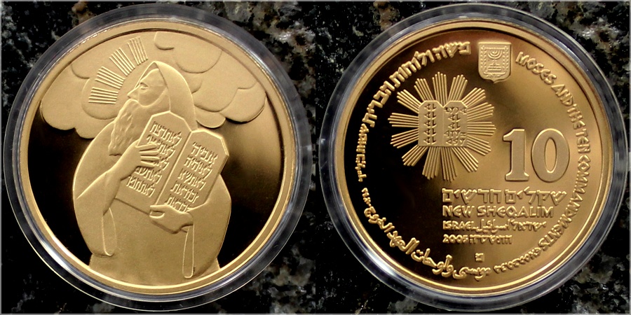 Zlatá mince Mojžíš a desatero přikázání 10 NIS Izrael Biblické umění 2005 Proof