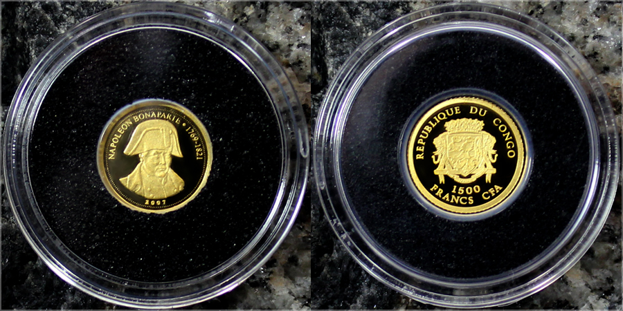 Zadní strana Zlatá minca Napoleon Bonaparte 0.5g Miniatúra 2007 Proof