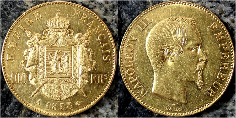 Zlatá mince 100 Frank Napoleon III. 1858 A