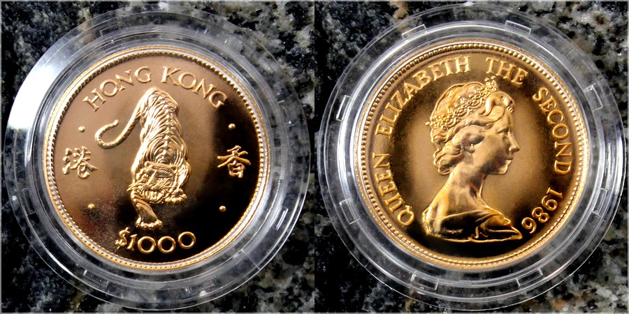 Zlatá mince Rok Tygra Hong Kong 1986 Proof
