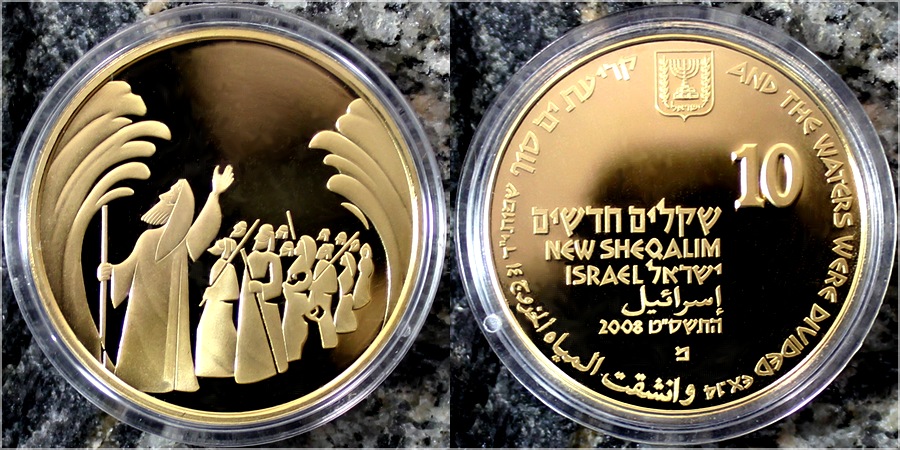 Zlatá minca Rozostúpenie Rudého mora 10 NIS Izrael Biblické umenie 2008 Proof