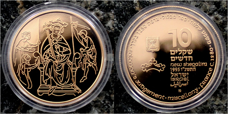 Zlatá mince Šalamounův soud 10 NIS Izrael Biblické umění 1995 Proof