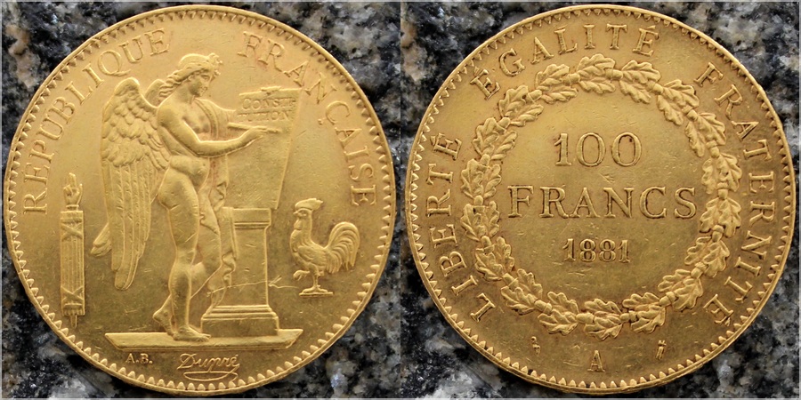 Zlatá mince 100 Frank Anděl - Génius 1881
