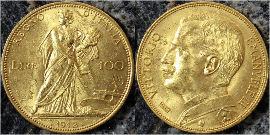 Zlatá mince 100 Lira Viktor Emanuel III. 1912
