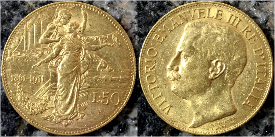 Zlatá mince 50 Lira Viktor Emanuel III. 1911