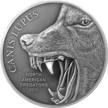 Stříbrná mince 2 Oz Vlk North American Predators 2015 Antique Standard