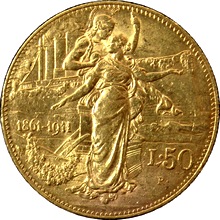 Zlatá minca 50 Lira Viktor Emanuel III. 1911